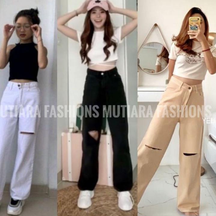 Murah KULOT JEANS WANITA HITAM SOBEK HIGHWAIST PREMIUM