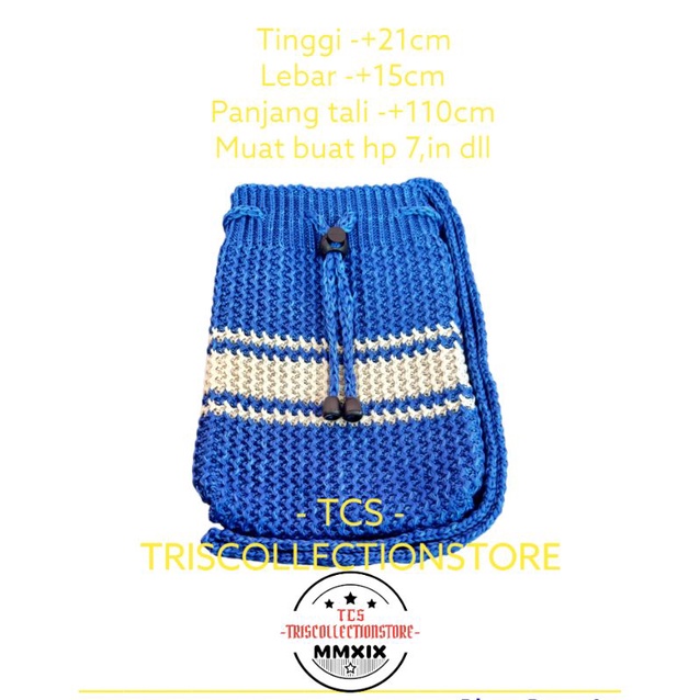 Promo tas rajut selempang wanita model serut buat hp dll, kekinian, viral, biru/navy, (serut strip, 
