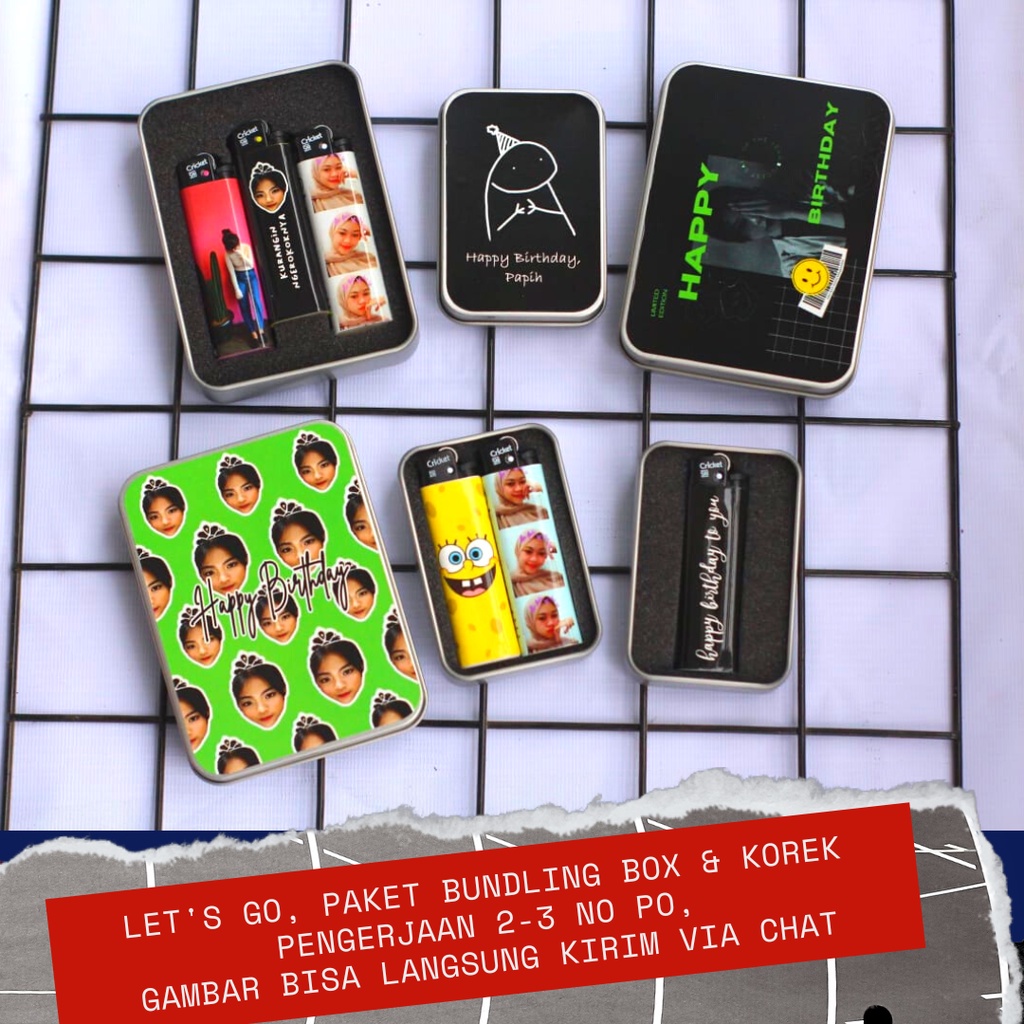 [Bisa COD] [No PO] Paket Bundling korek Cricket Custom - Box Kaleng - Dan Korek Cricket Custom  Koleksi, Kado, Souvenir, Gift Box