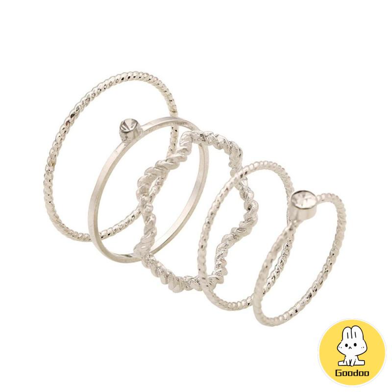 5Pcs / Set Cincin Jari Aneka Bentuk Warna Silver Untuk Wanita -Doo