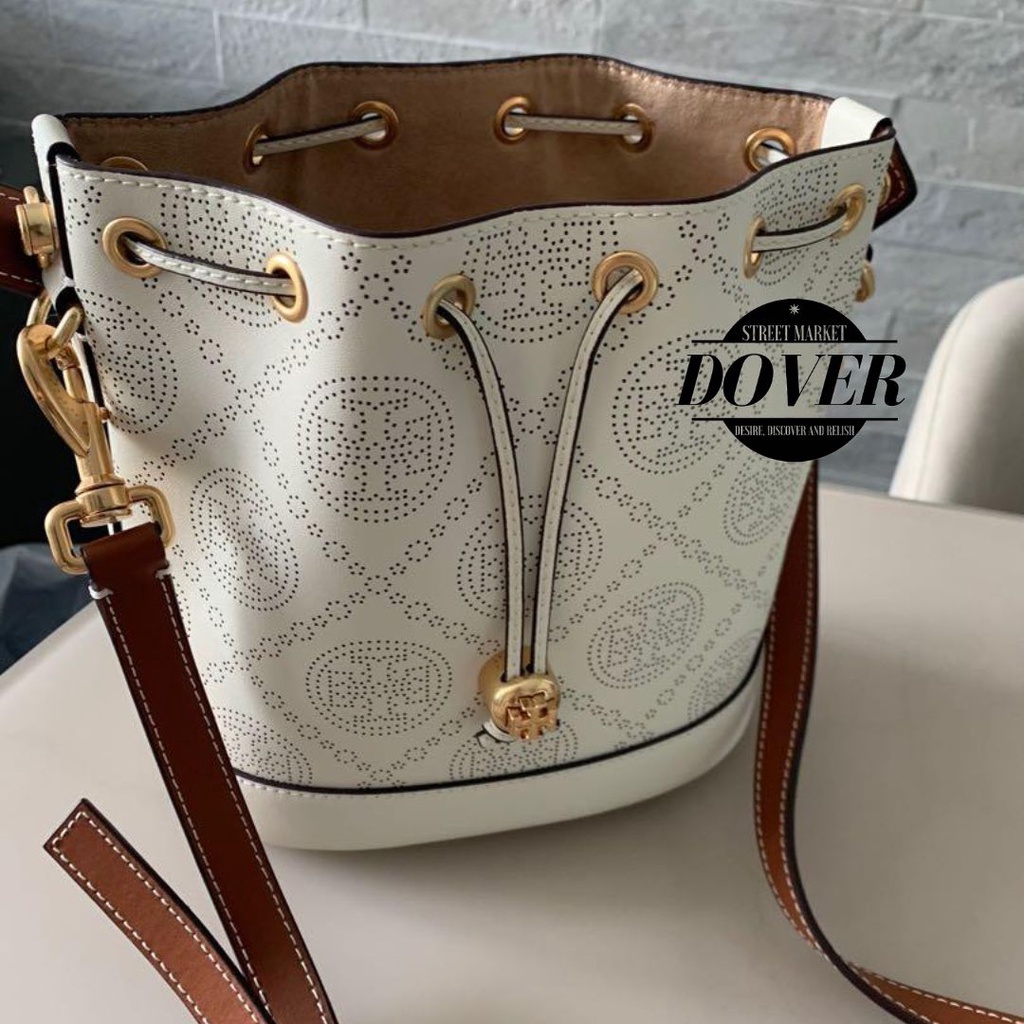 Tory Burch T Monogram Perforated White Bucket Bag - ORIGINAL GUARANTEE 100%