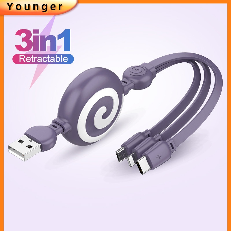 3 in 1 Kabel Data / Charger Micro USB / Type C 8 Pin Panjang 100cm 3A 3 in 1 Untuk Iphone / Android