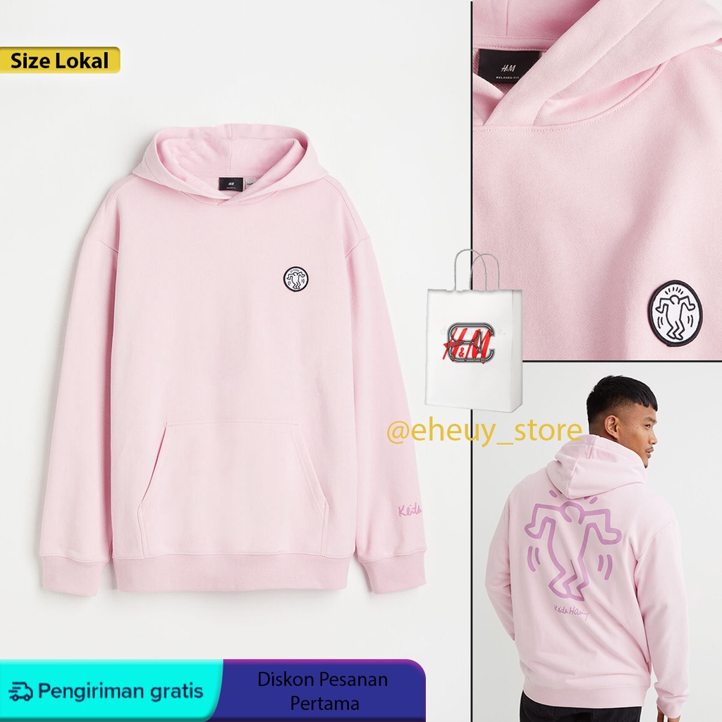 Hoodie H&amp;M Keith haring soft pink Sweater hnm wanita pria original 100%