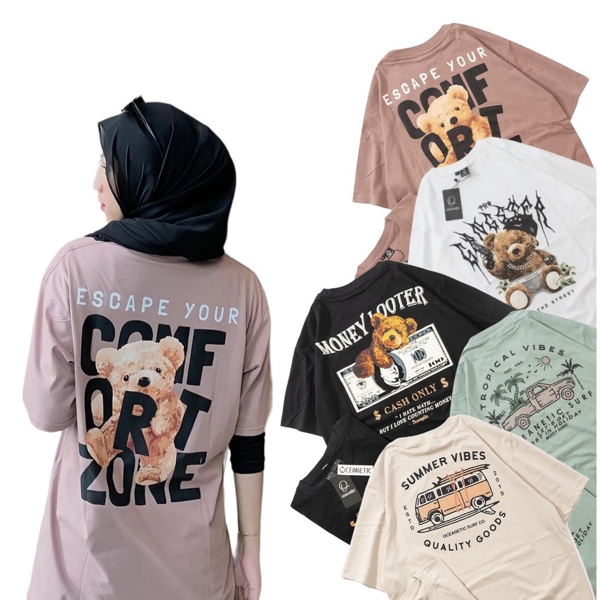 Kaos Oversize Pria Wanita Distro Surfing Teddy Bear Beruang Streetwear Baju Atasan Jumbo Viral Couple