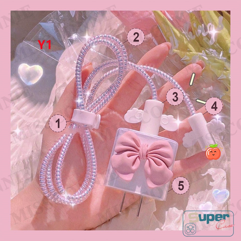 Set 5 In 1 Pelindung Kabel Data / Charger TPU Motif Kartun Pink / Ungu / Pita Untuk Apple 18 / 20W