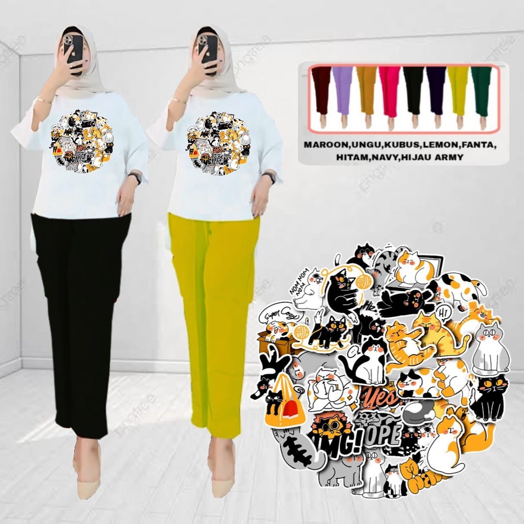 Setelan Tunik Muslim Kucing / Blouse Wanita Kombinasi