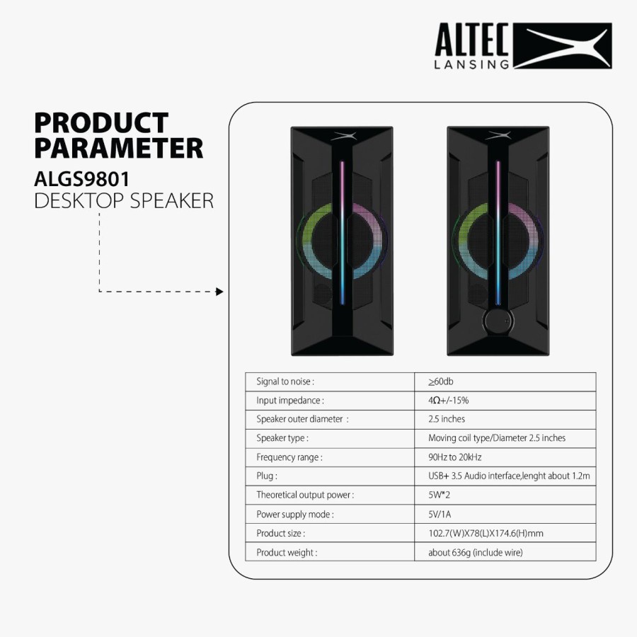 Speaker 2.0 gaming altec lansing wired aux 3.5mm usb power stereo bass rgb for pc cpu laptop phone algs-9801 algs9801