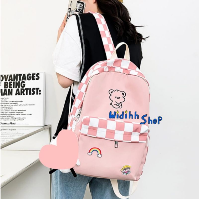 [FREE BROSSPIN] Tas Kotak Kotak Bordir Bear Lucu / Tas Sekolah Polos / Ransel Sekolah Polos / Tas Laptop / Tas Kuliah Korean Style / Backpack / Tas Sekolah Simple / Tas Polos / Tas Simple / Ransel Polos