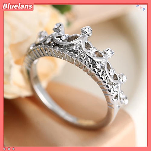 Bluelans Cincin Lapis Silver Bentuk Mahkota Ratu Princess Aksen Berlian Imitasi Untuk Wanita