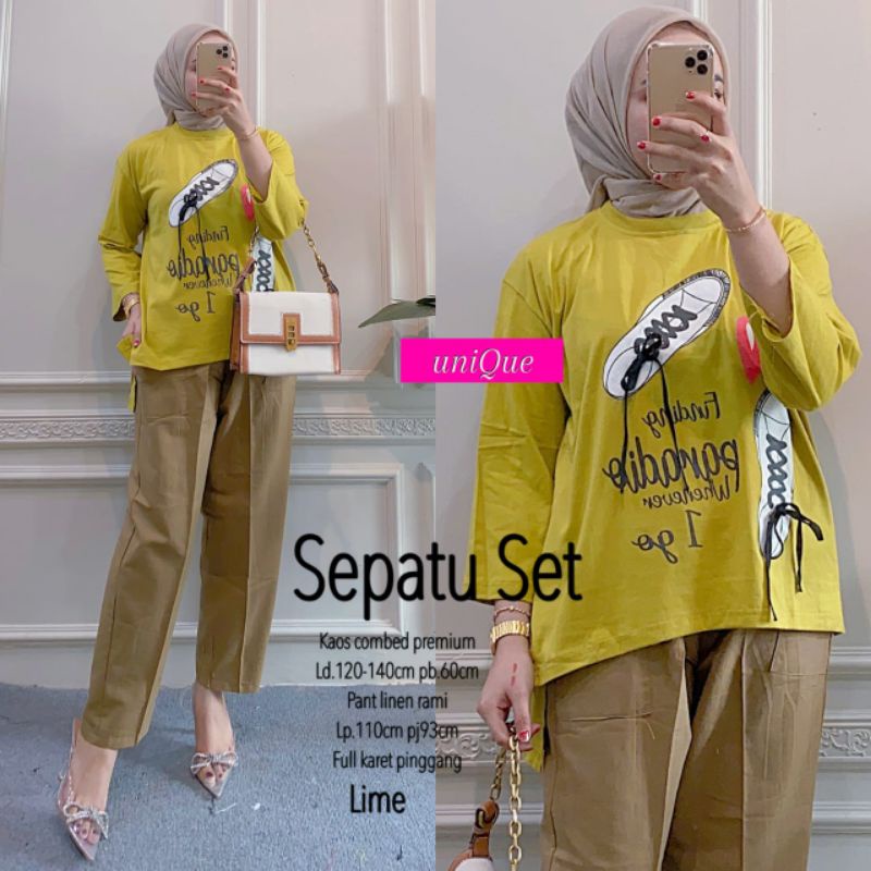 SEPATU SET/SETELAN WANITA KAOS COMBED PREMIUM APL PRINTING/CELANA FULL KARET PINGGANG