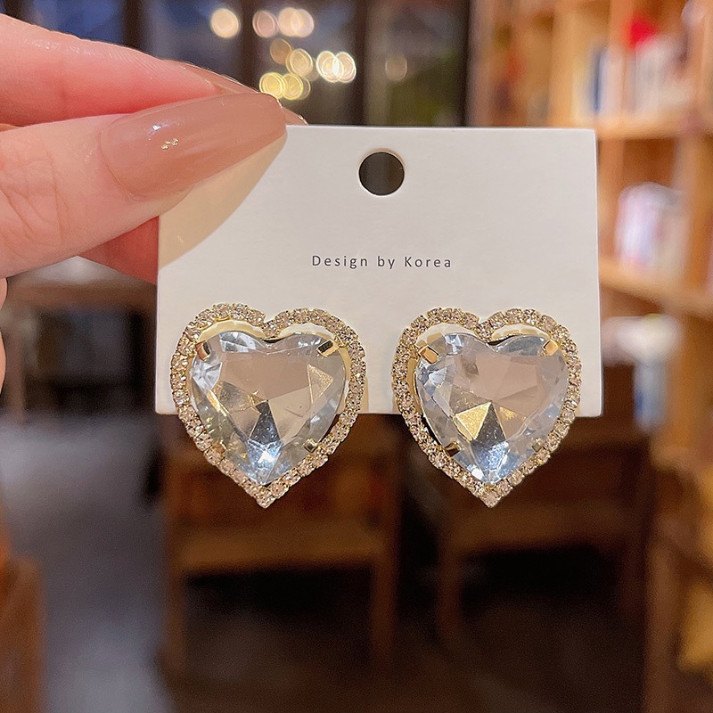 Anting Stud Kristal Bentuk Hati Bahan 925 silver needle