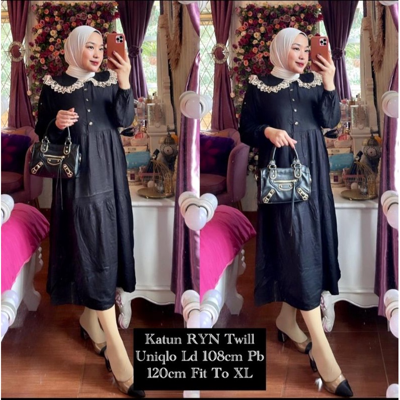 Midi Dress Hitam Kerah Renda Muslim Korean Style Rayon Twill Premium Polos Ld 110