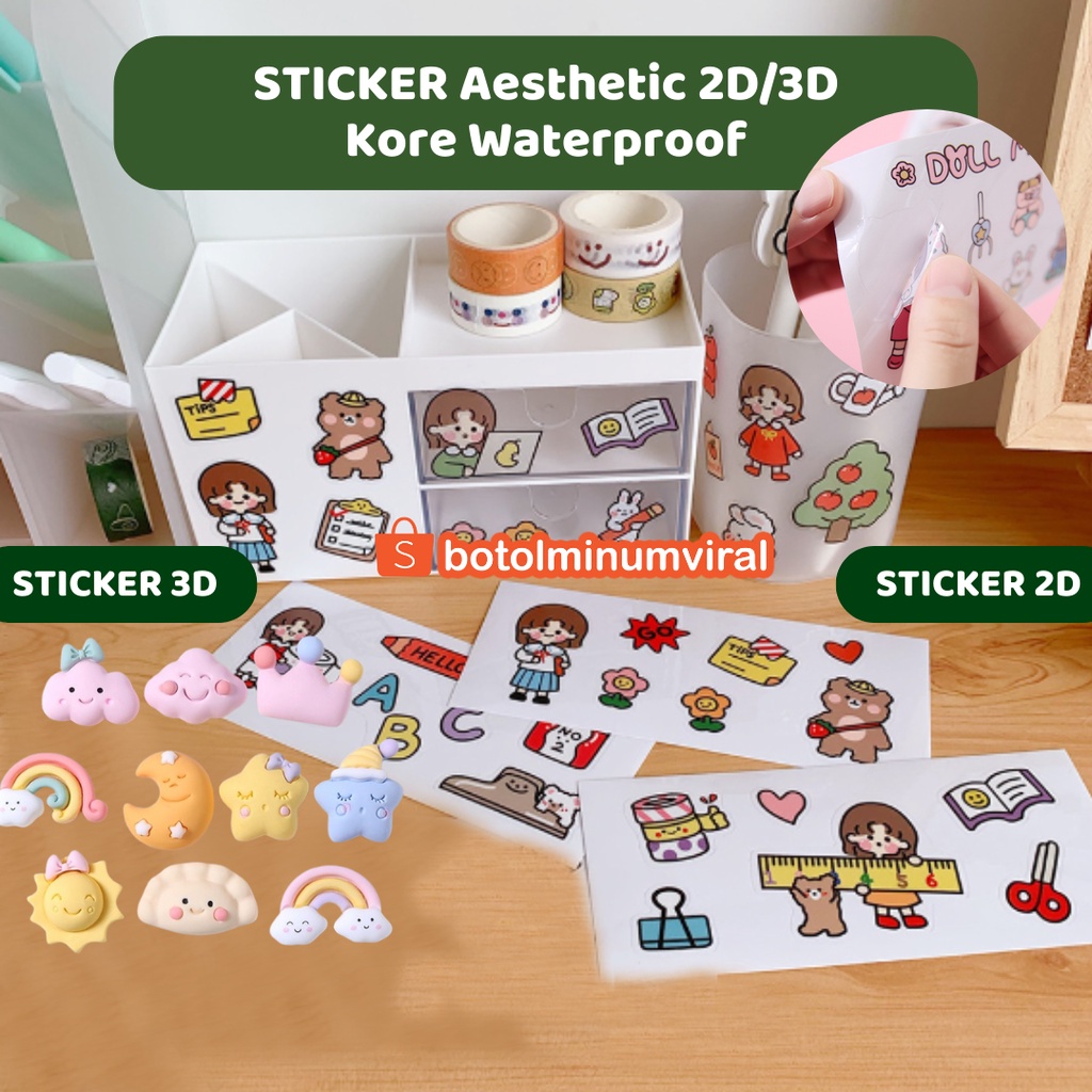 Sticker 3D 2D Lucu Aesthetic Korea Bisa Untuk Botol Minum Sandal Komputer Buku