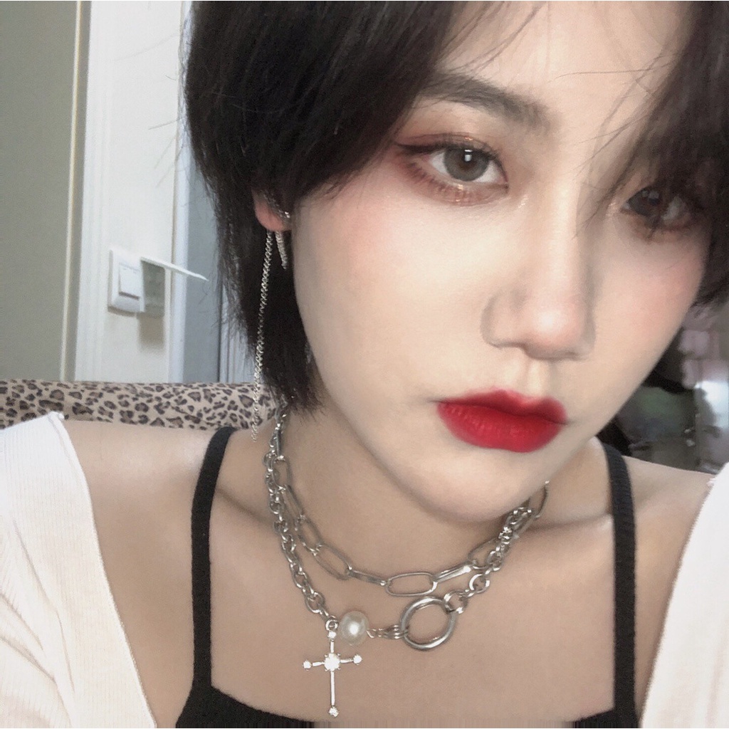 Kalung Rantai Bahan Metal Aksen Mutiara Berlian Imitasi Gaya Punk Untuk Pria Dan Wanita