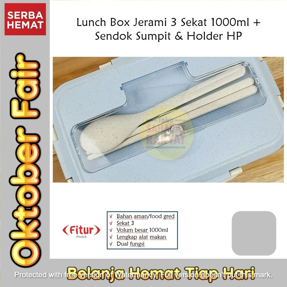 RML880J Lunch Box Jerami Sekat 3 1000ml Sendok Sumpit Holder HP