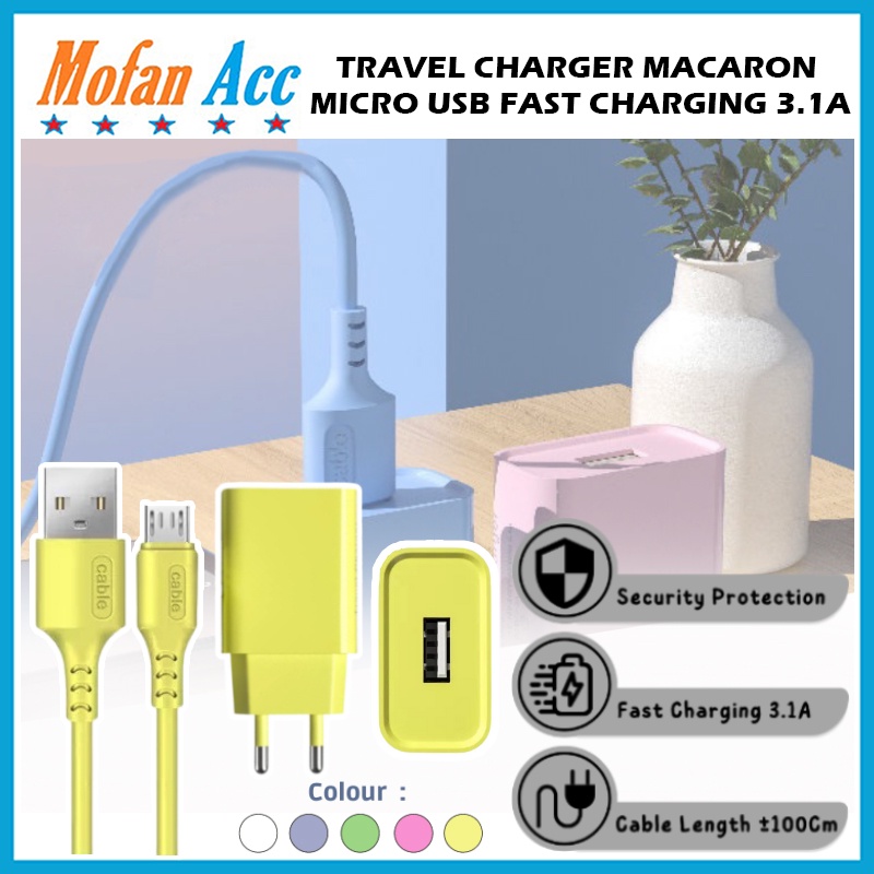 Travel Adaptor Charger MACARON Fast Charging 3.1A + Cable Micro USB 100Cm / Adapter Transfer Data + Kabel Bulat Casan Handphone Mikro Quick Charge 3.0 1m For Smartphone Samsung Oppo Vivo Xiaomi Redmi realmi