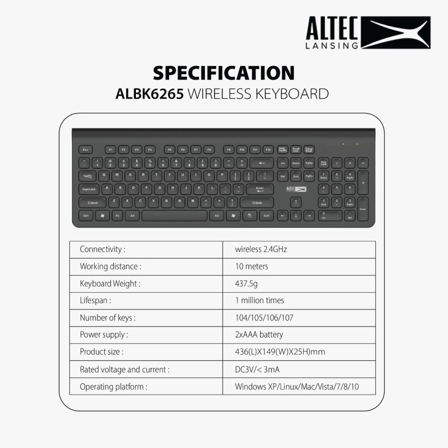 Keyboard altec lansing wireless 2.4ghz usb 104 key membrane full size silent for office gaming pc laptop cpu albk6265 albk-6265