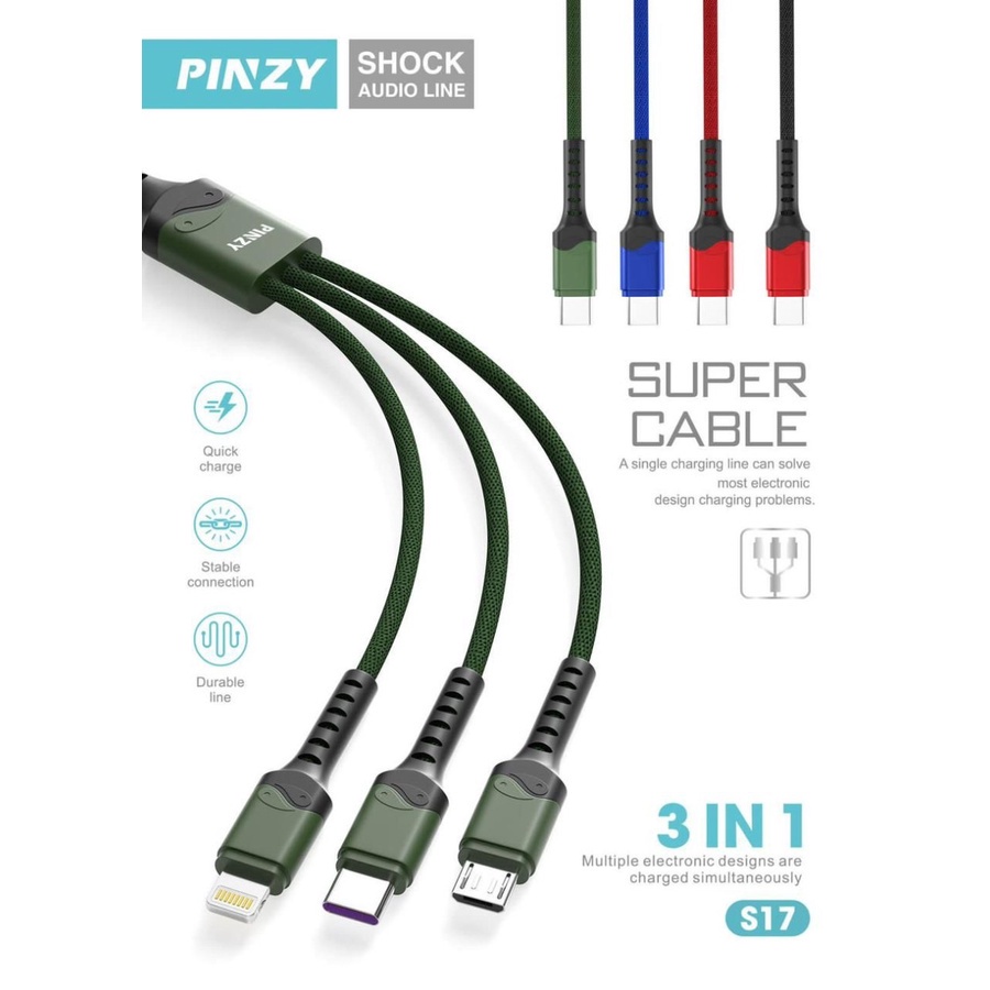 PINZY S17 Kabel data 3in1  FAST CHARGING Lightning TypeC Micro USB Nylon anti putus universal sync data cable kabel cas charger 1,2 meter original