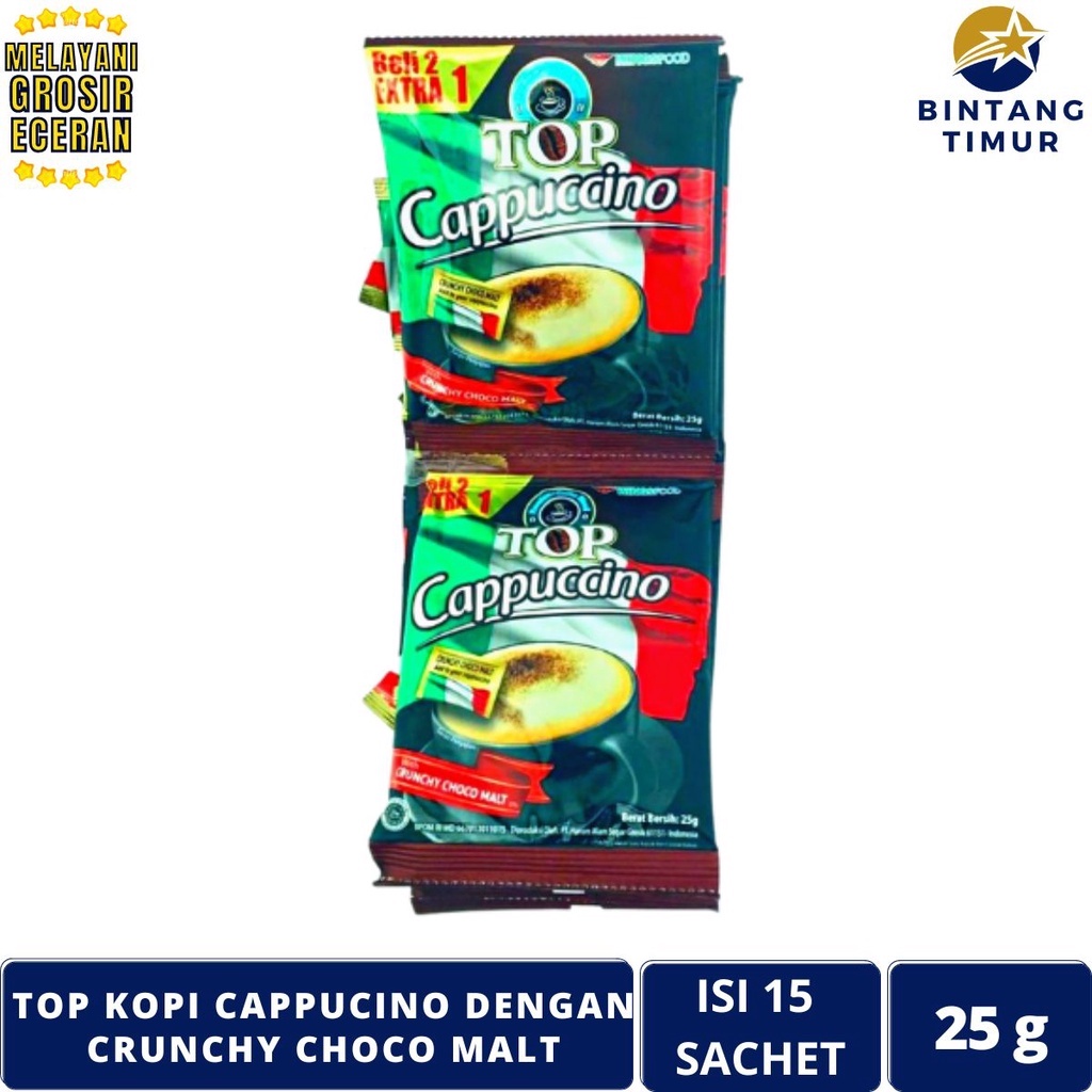 

TOP KOPI Cappucino Isi 15 Sachet/25g Dengan Crunchy Choco Malt Saset Coffee