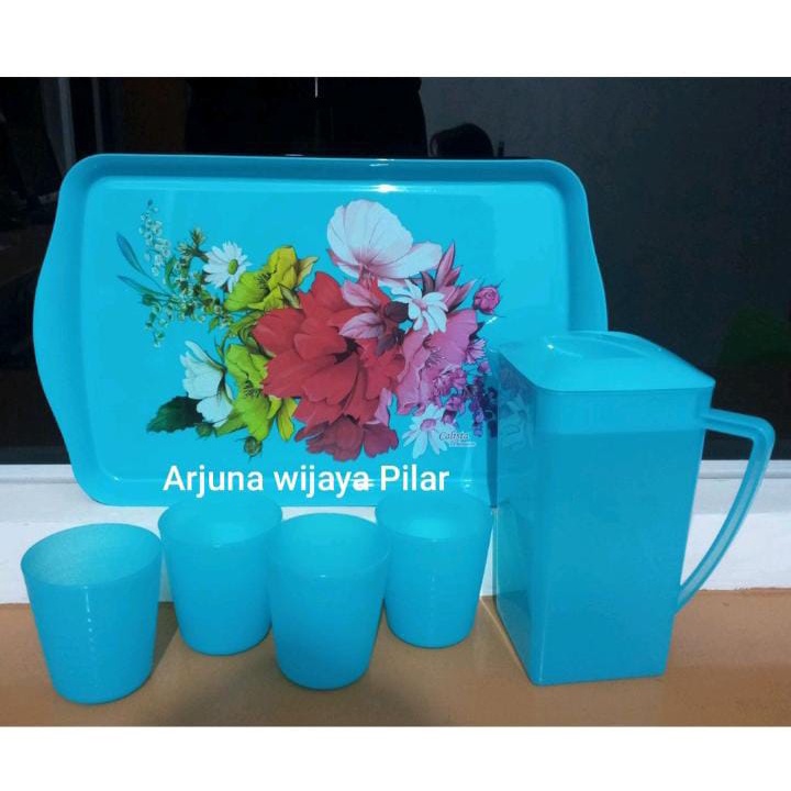 Calista nampan Teko Gelas Plastik set - Topan Set 4 gelas,1 teko, 1 nampan