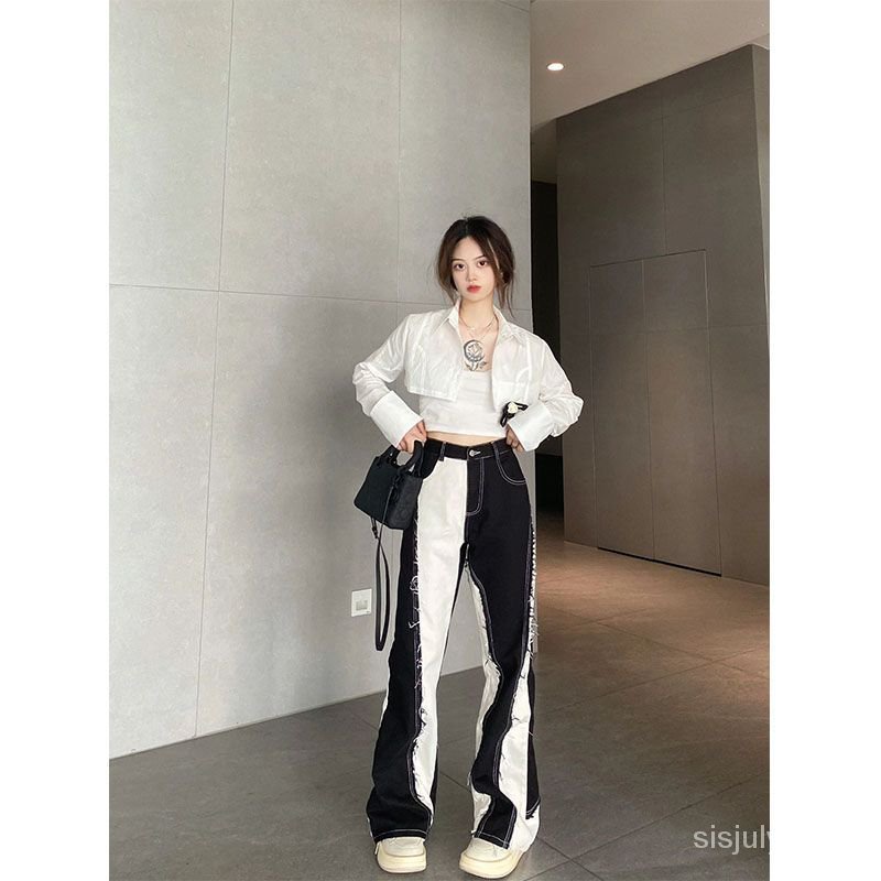 [✅BISA COD] #Sisjuly# Jeans lurus berpotongan bulu tambal sulam wanita musim gugur celana jins lurus berpinggang