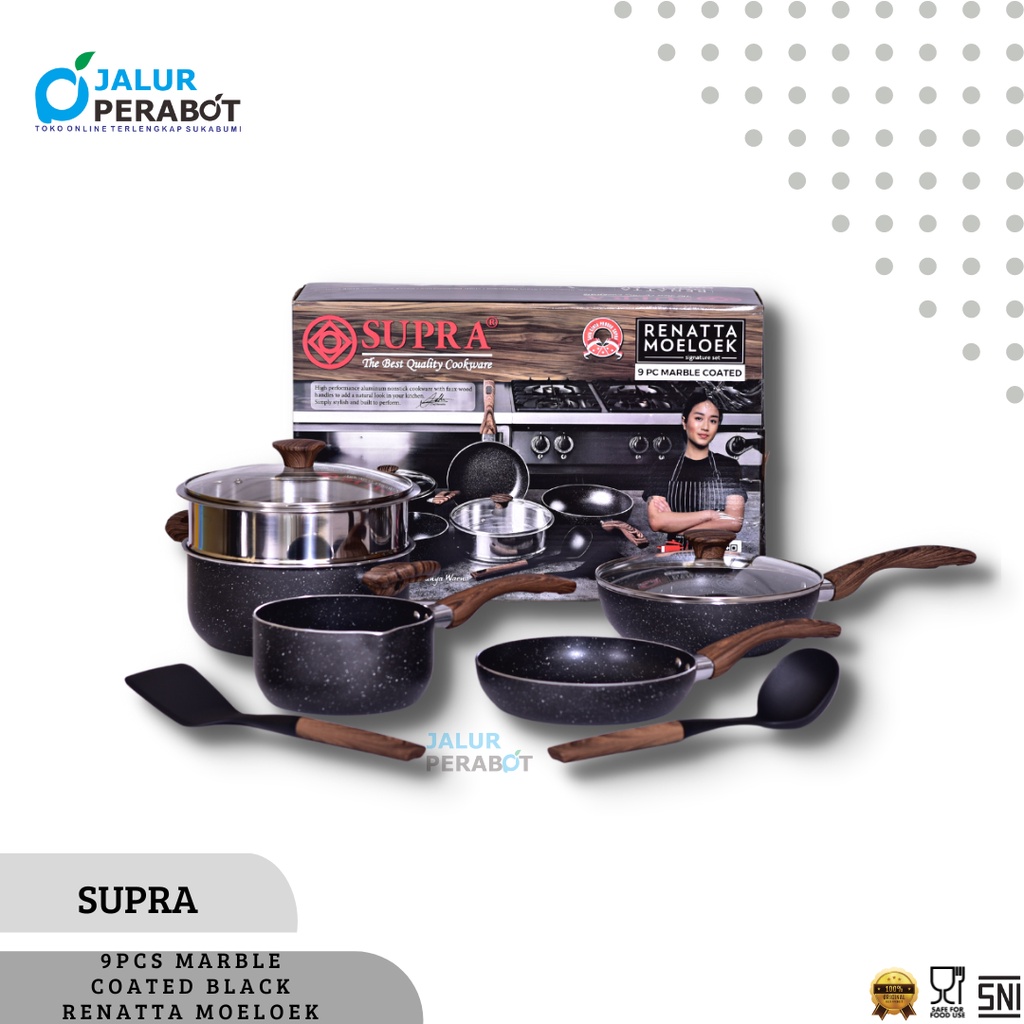 DESS Panci set SUPRA Alumunium anti lengket Renatta Moeloek Signature Set 9 Pcs Marble Coated