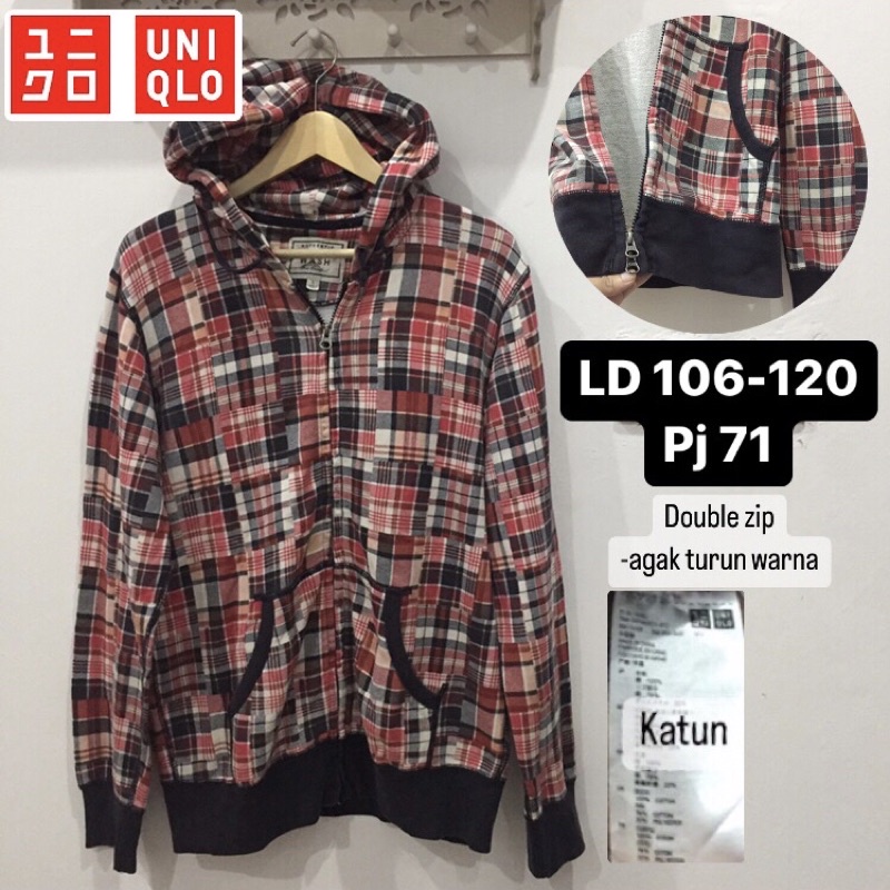 Hoodie jaket katun motif tartan kotak2 Uniqlo preloved