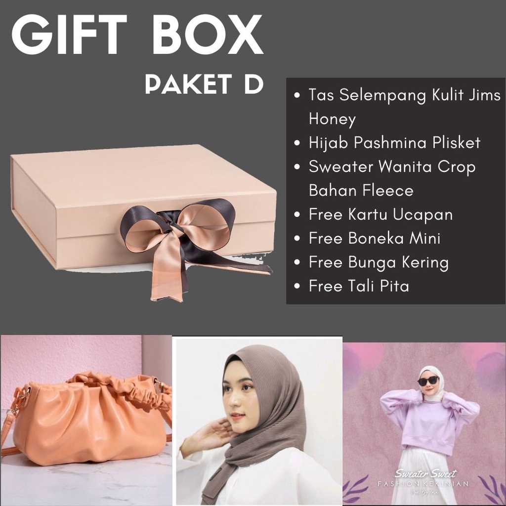 

HAMPERS HADIAH KADO/GIFT BOX CEWEK ULANG TAHUN, WISUDA, PERNIKAHAN, LEBARAN PAKET D TAS SELEMPANG KULIT SINTETIS JIMS HONEY, HIJAB PASHMINA PLISKET, SWEATER WANITA CROP BAHAN FLEECE