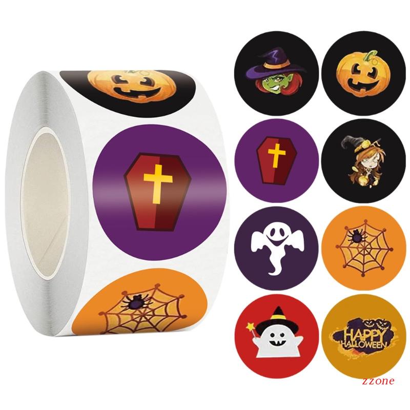 500pcs / roll Stiker Label Desain Labu Hantu Happy Halloween 8 Desain Untuk Dekorasi