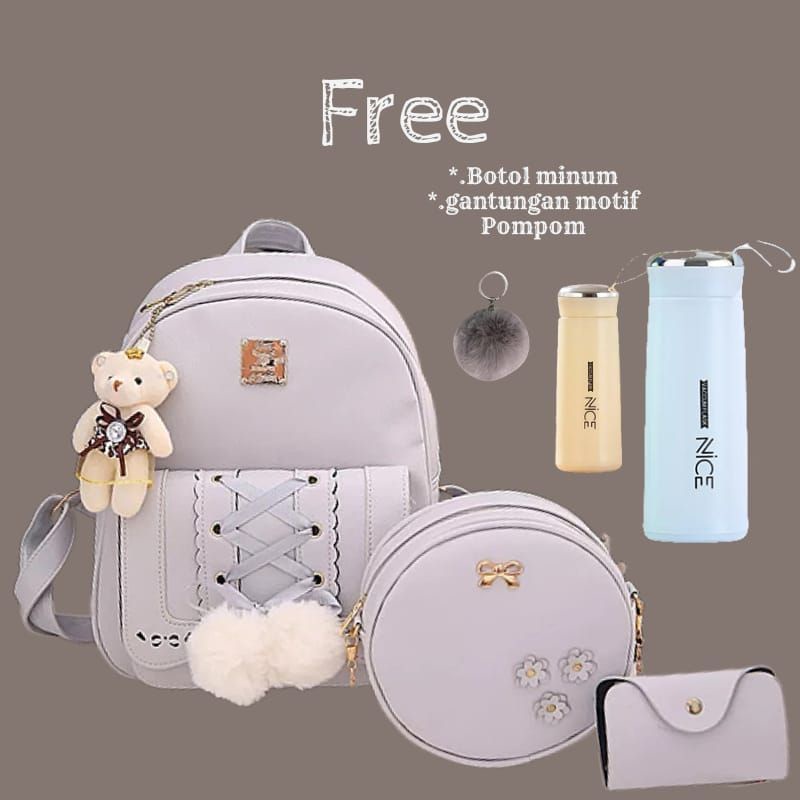 (COD)Tas Ransel Bacpack Pompom Fashion Wanita Korea Ransel Siswa Sekolah Menengah Pertama Sekolah Dasar Dalam Ransel Jepang Free Botol Minum Tas Anak anak