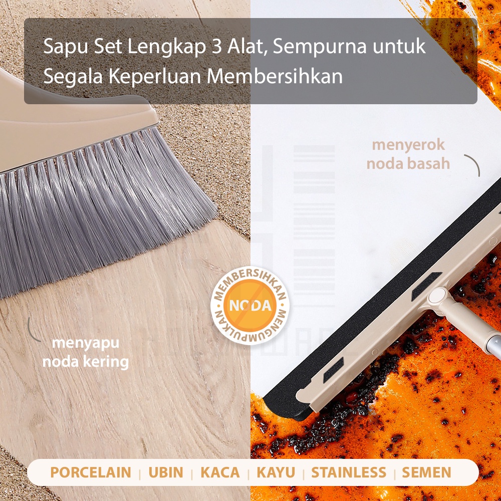 HUGO Sapu Lantai 3 in 1 Broom Set Alat Pembersih Lantai Sapu Pengki Serokan Air