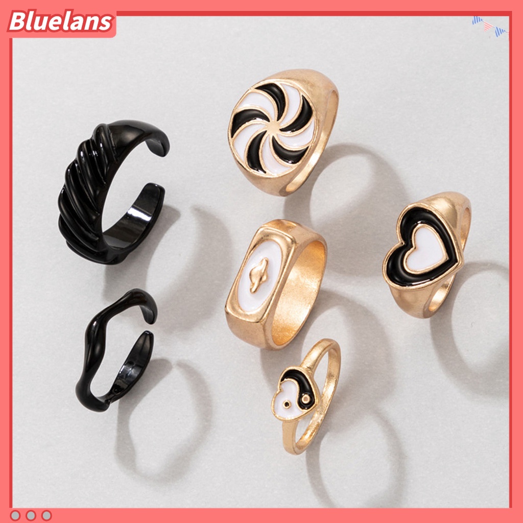 6pcs / Set Cincin Jari Model Terbuka Dapat Ditumpuk Lebar Desain Hati Kincir Angin Untuk Unisex