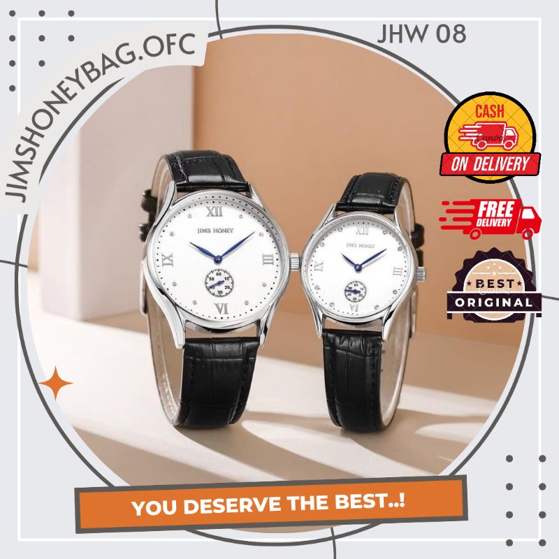 JAM TANGAN JHW 08 COUPLE JIMS HONEY ANALOG KULIT WANITA PRIA SIMPLE ANTI TAHAN AIR WATERPROOF FREE B