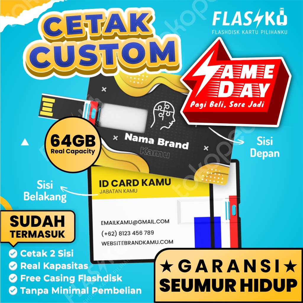 Flashdisk Kartu Custom 64GB - Cetak FD Kartu Custom - Flashdisk ID Card Custom - USB Custom Satuan