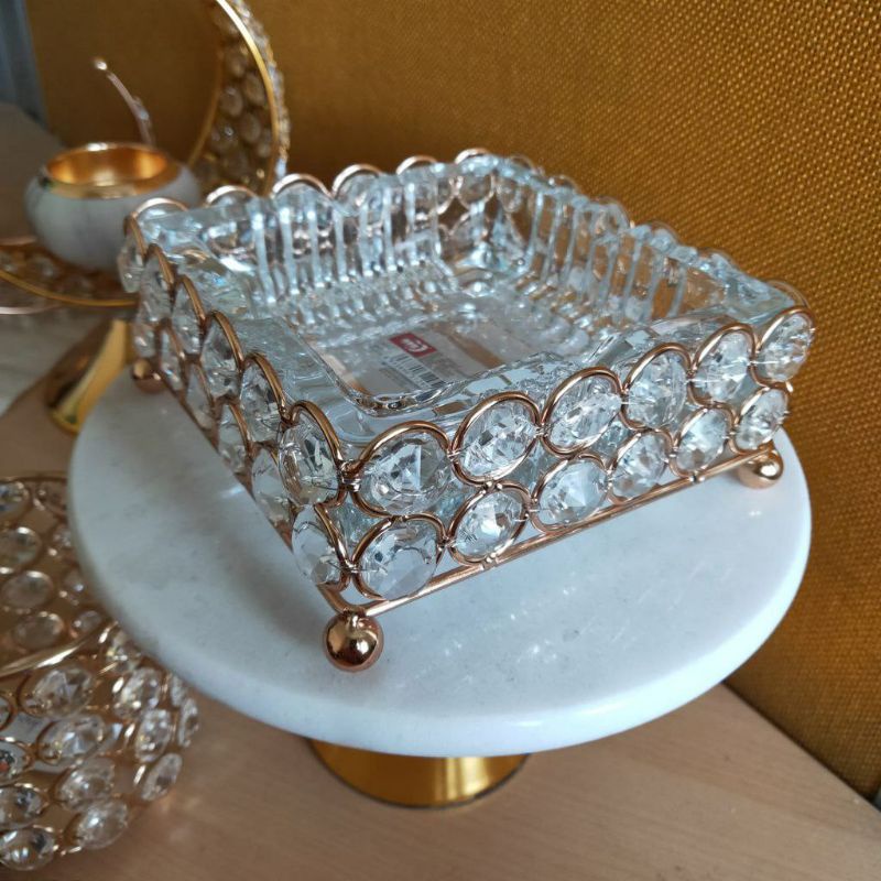 Asbak kristal rangka besi gold/asbak kaca/pajangan meja