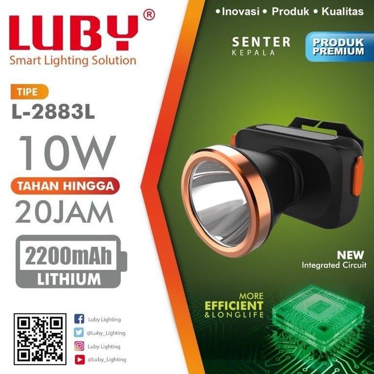 Senter Kepala Luby 10 Watt Baterai Cas Ulang Dim Dimmer Headlamp Head Lamp Nyala Putih L2883L lensa kuning