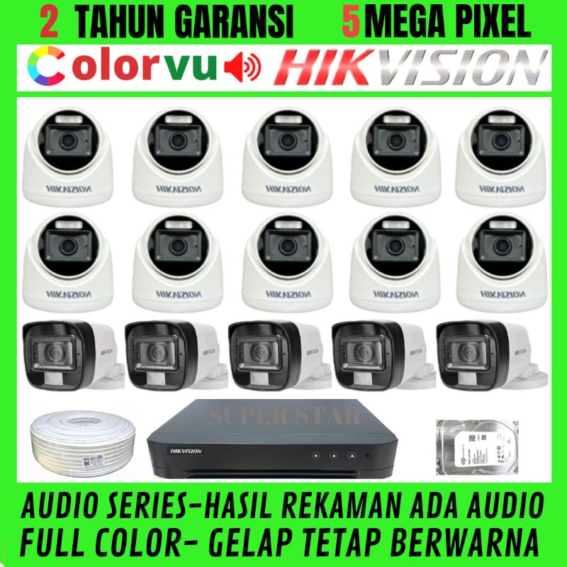 PAKET CCTV HIKVISION COLORVU 16 CHANNEL 15 KAMERA 5MP AUDIO  FULL COLOR SIANG MALAM BERWARNA