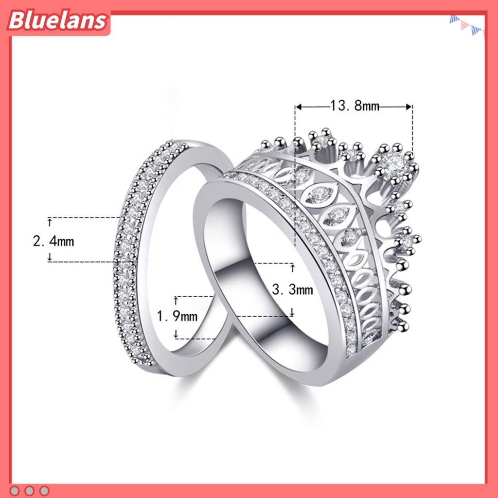 Bluelans 2Pcs / Set Cincin Bentuk Mahkota Aksen Berlian Imitasi Bahan Alloy Untuk Wanita