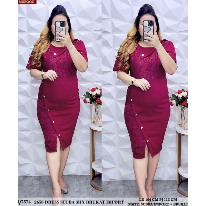 dress wanita formal 2650 SCUBA+ BROKAT IMPORT motif polos