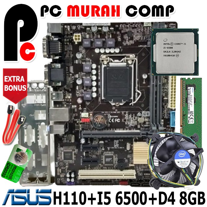 PAKET MOTHERBOARD MAINBOARD INTEL LGA 1151 H110 ASUS + I5 6500 + RAM + FAN INTEL