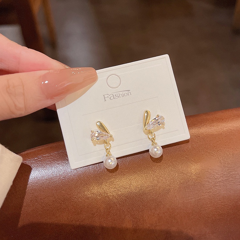 Anting Tusuk Gantung Bahan Sterling silver 925 Desain Hati Hias Zircon + Mutiara High Quality Untuk Wanita