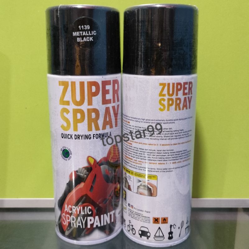 ZUPER Spray Paint Pilox Pilok Zuper Black Metalic Hitam Metalik 1139 400cc Cat Semprot Zuper Acrylic Ukuran Besar 400 cc Quick Drying Formula /Cepat Kering