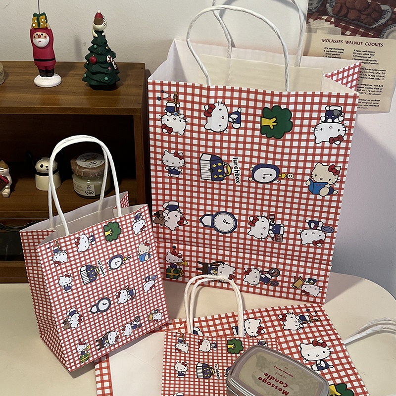 Tas Penyimpanan Kertas Portabel Motif Kartun Kucing Kotak-Kotak Warna Merah Untuk Hadiah