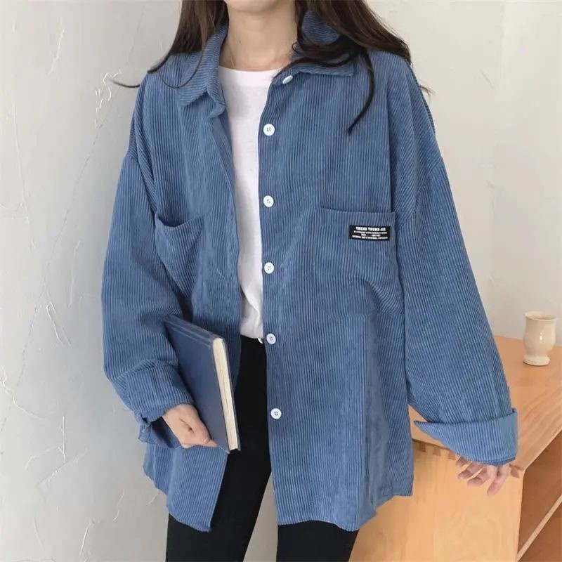 Basic Corduroy Outer Blus fashion kemeja lengan panjang longgar setengah panjang gaya Korea baru