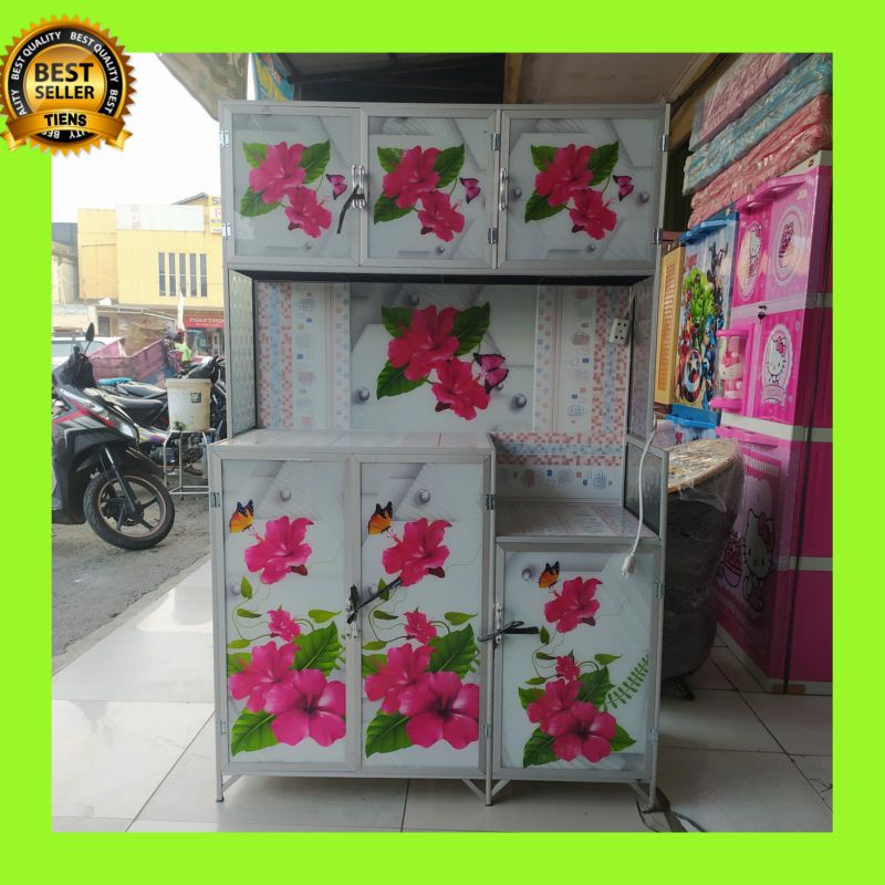 rak piring kaca 3 pintu seng