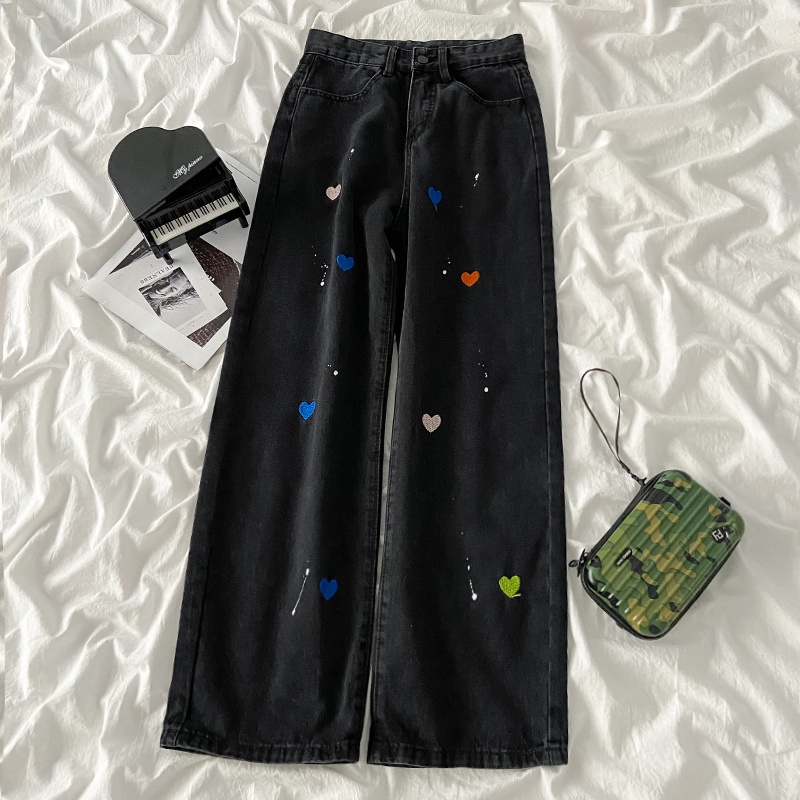 Embroidery love straight celana jeans wanita pinggang tinggi high waist celana korea abg import
