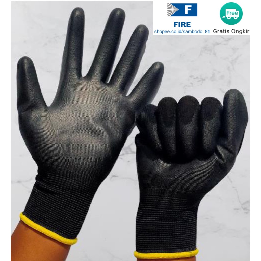Sarung Tangan Satpam Anti Slip Hitam Black Hand Gloves Mekanik Montir Berkebun Tukang Telapak Tangan dilapisi karet Bahan Nylon Polyester Elektronik Assembly Static Multi Purpose Polyurethane Kerja Palmfit Safety Gloves
