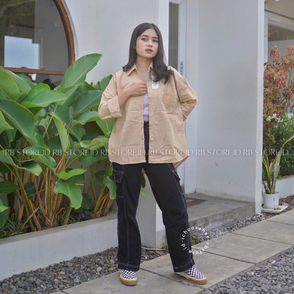 Kemeja Wanita Linen Oversize Olivia Shirt Linen Pocket-OLIVIA LATTE