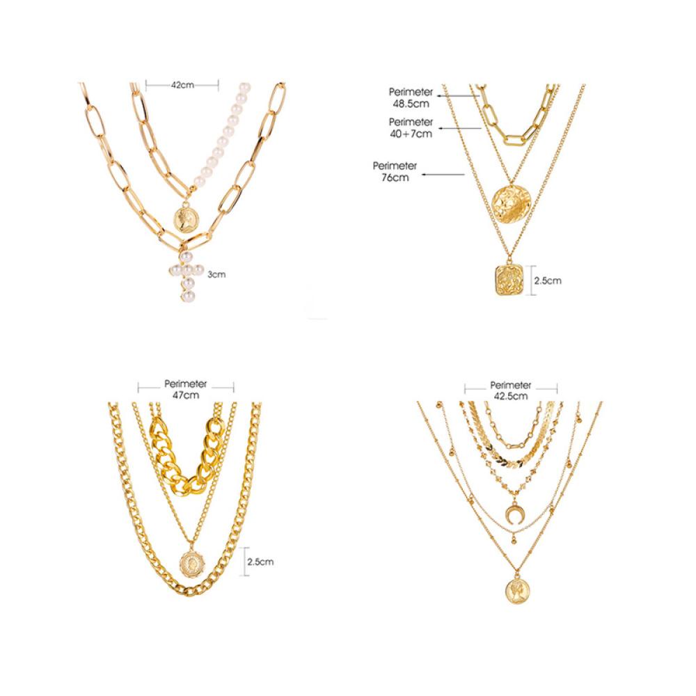 Timekey Kalung Rantai Emas Multi Layer Liontin Potret Mutiara Gaya Vintage Untuk Wanita O1P6