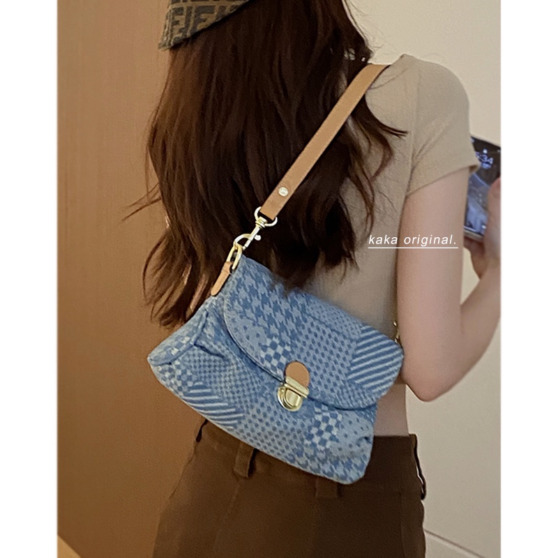 Suhao bag 2022 baru tas wanita musim panas niche fashion underarm baguette bag high-end denim shoulder bag